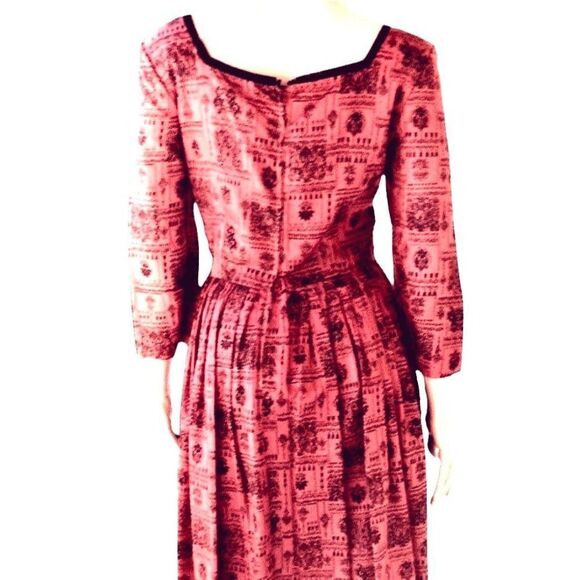 50s Pink Red Dress S Taffeta Romantic Fit and Flare VFG - Picture 6 of 10
